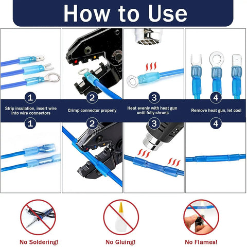 How to use No Sweat Heavy Duty Heat Shrink Wire Connector Assortment Kit: crimping, heating, and cooling steps shown.