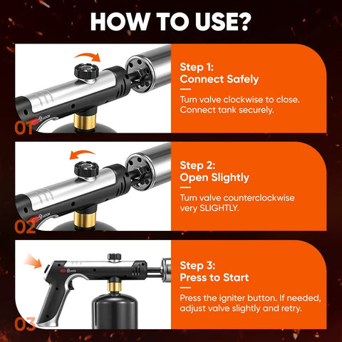 Instructions for using High Heat Propane Torch Gun With Adjustable Flame And Safety Lock For BBQ Grilling, Charcoal Ignition, Cooking, And DIY Projects Reaching 3272 Degrees Fahrenheit Peak Temperature.