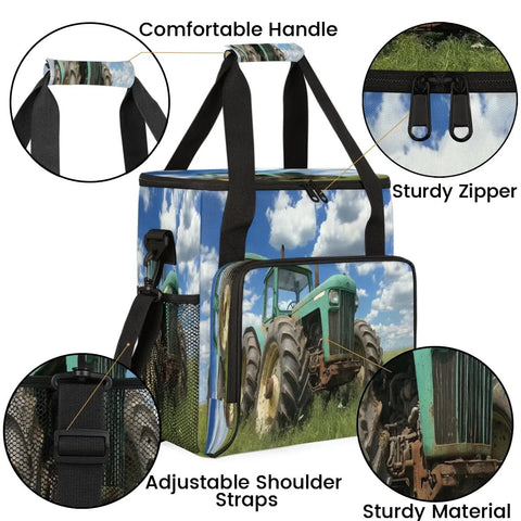 Farm Vintage Tractor Style Coffee Maker Bag Travel Organizer with pockets and sturdy handle, showing zippers and adjustable straps.