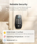 Keyless Entry Door Lock With Fingerprint Scanner, Smart Deadbolt shown on front door, IP54 Waterproof, BHMA Grade 3