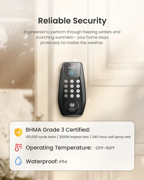 Keyless Entry Door Lock With Fingerprint Scanner, Smart Deadbolt shown on front door, IP54 Waterproof, BHMA Grade 3
