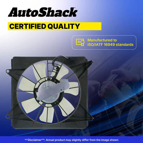 Straight Bolt Up Radiator Cooling Fan Assembly For Chevrolet Sonic 2012 To 2018 L4 1.8L with black shroud and white blades.