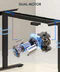 Large Dual Motor Electric Standing Desk 71 By 32 Inch Black Walnut frame with detailed dual motor mechanism illustration