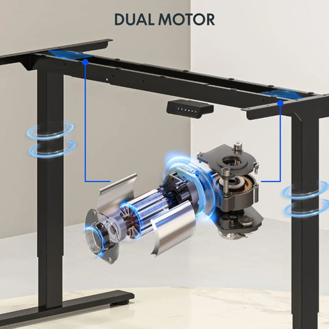 Large Dual Motor Electric Standing Desk 71 By 32 Inch Black Walnut frame with detailed dual motor mechanism illustration