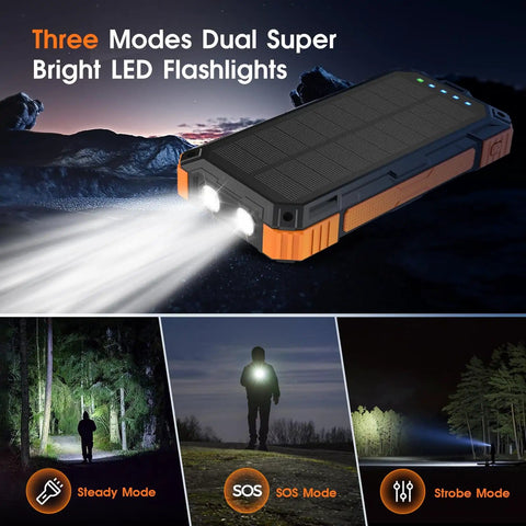 Massive 49800mAh Wireless Power Bank With Built In Cables 22.5W PD 3.0 USB C In Out Fast Charge For iPhone Android iPad Perfect For Camping And Hiking, showing LED flashlights in three modes against a nighttime landscape