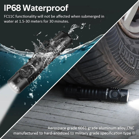 Image showing Super Bright High Lumen EDC Flashlight With 90 CRI LED 1200 Lumens Rechargeable Magnetic Tail 6 Modes IP68 Waterproof submerged in water and placed near a car tire.