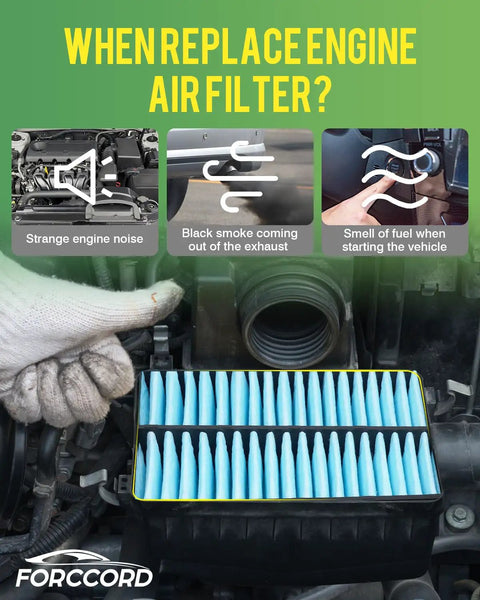 Gloved hand changing engine air filter with signs of when to replace; Cabin And Engine Air Filter Kit For Mazda 3 2019 2026 CX 30 2019 2026 CX 50 2023 2026 Not Hybrid Easy Install And Longer Life For Your Daily Driver.