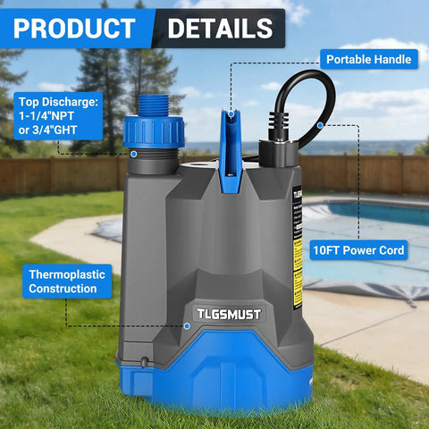 Submersible Water Pump 1/3 HP 2450 GPH Portable Electric Transfer Pump For Pool Basement Flood Garden Pond Draining Thermoplastic