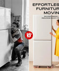 Comparison of moving a refrigerator with a man lifting and a woman using Heavy Duty Furniture Dolly With 5 Wheels For Easy Moving.