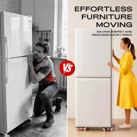 Comparison of moving a refrigerator with a man lifting and a woman using Heavy Duty Furniture Dolly With 5 Wheels For Easy Moving.