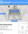 Bar Sink 15 By 15 By 8 Inch Undermount Single Bowl Stainless Steel Kitchen Sink T-304 With Strainer, top view with faucet and dimensions.