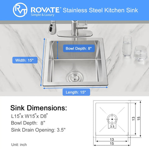 Bar Sink 15 By 15 By 8 Inch Undermount Single Bowl Stainless Steel Kitchen Sink T-304 With Strainer, top view with faucet and dimensions.