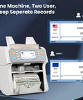 Two Pocket Cash Counter For Mixed Denominations With Value Counting Multi Currency Bill Counter With CIS UV MG IR Counterfeit Detection Quick Nonstop Counting And Rejection Pocket For Busy Businesses, displaying dual user interface on screen.