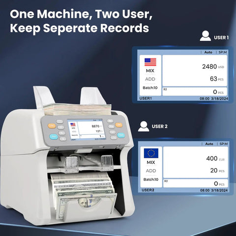 Two Pocket Cash Counter For Mixed Denominations With Value Counting Multi Currency Bill Counter With CIS UV MG IR Counterfeit Detection Quick Nonstop Counting And Rejection Pocket For Busy Businesses, displaying dual user interface on screen.