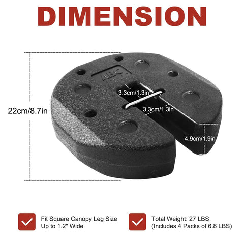 Heavy Duty Canopy Weights Set With Lock Design Pre Filled Cement 4 Pack Totaling 26.4 Lbs dimensions and fit illustration