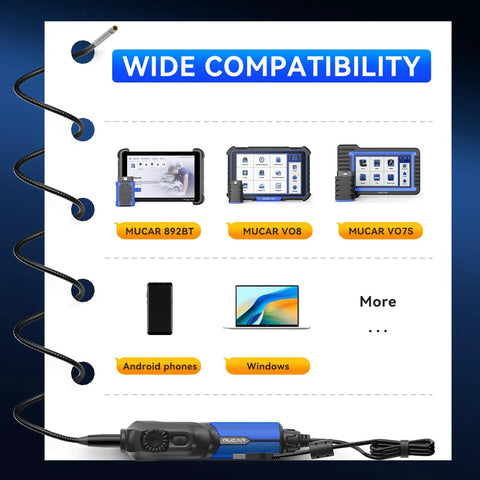 Ultra Slim 5.5mm USB Endoscope Borescope showing compatibility with MUCAR 892BT, VO8, VO7S, Android phones, and Windows.
