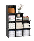 Front view of Nine Cube Storage Shelf For Easy Organization, DIY Stackable Bookcase, filled with household items, black finish.