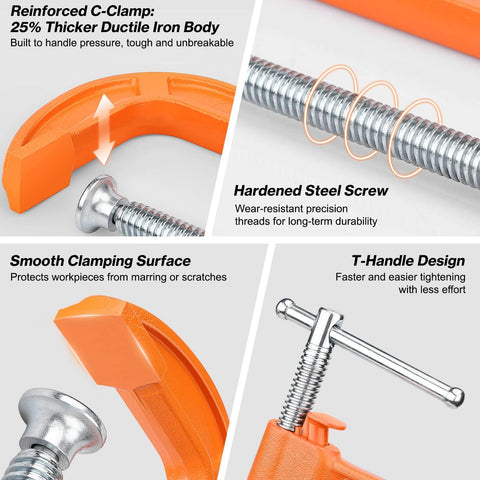 Detailed view of 6 Inch Quick Release C Clamp With Button showing reinforced ductile iron body, T-handle, and hardened steel screw.