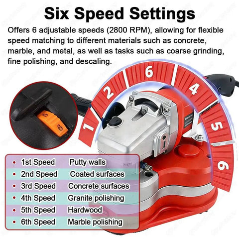 Six-speed settings of a Three Head 2800W Concrete Grinding And Polishing Machine with 8 Inch Coverage for multi-surface use.