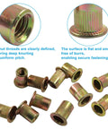 Close-up of M6 Carbon Steel Rivet Nuts Kit with 100 Pieces Gold Finish Threaded Nutserts SAE Rivnut Inserts for strong mounts