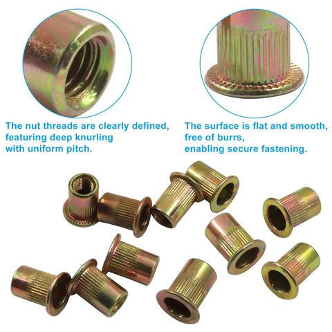 Close-up of M6 Carbon Steel Rivet Nuts Kit with 100 Pieces Gold Finish Threaded Nutserts SAE Rivnut Inserts for strong mounts