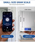 Comparison of iPhone 16 and Ultra Precise Mini Digital Kitchen Scale For Cookin, Jewelry, Baking And Soap Making, 0.01 G And 0.001 OZ Precision, 0.3 G To 500 G Range, 9 Units, Tare Function, Backlit LCD, Includes Battery showing compact size.