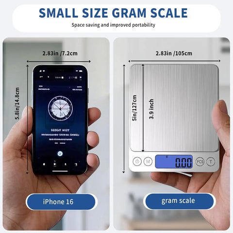 Comparison of iPhone 16 and Ultra Precise Mini Digital Kitchen Scale For Cookin, Jewelry, Baking And Soap Making, 0.01 G And 0.001 OZ Precision, 0.3 G To 500 G Range, 9 Units, Tare Function, Backlit LCD, Includes Battery showing compact size.