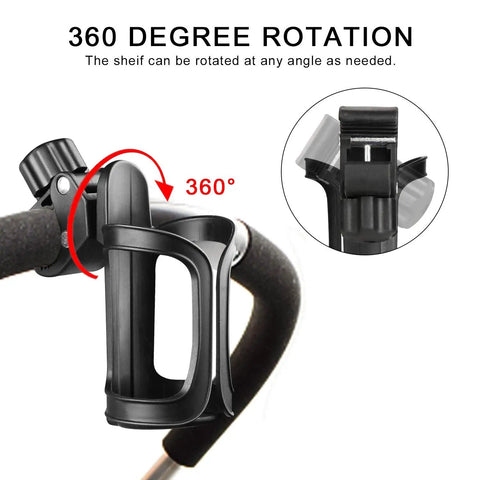 Universal Stroller Cup Holder With 360-Degree Swivel, Spill-Proof Bottle Holder attached to stroller handle demonstrating rotation