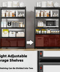 Built Tough 5-Tier Garage Shelving Unit With 5,000 Lbs Total Capacity (1,000 Lbs Per Shelf), Adjustable Steel Shelves For Garage Basement Workshop And Warehouse, 62W X 24D X 72H For Ultimate Tool And Gear Organization., black steel 5-tier shelf with adjustable shelves and pantry items