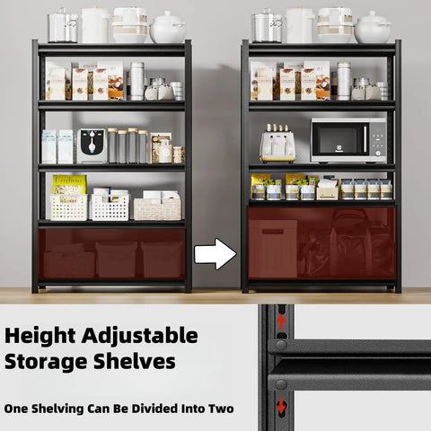 Built Tough 5-Tier Garage Shelving Unit With 5,000 Lbs Total Capacity (1,000 Lbs Per Shelf), Adjustable Steel Shelves For Garage Basement Workshop And Warehouse, 62W X 24D X 72H For Ultimate Tool And Gear Organization., black steel 5-tier shelf with adjustable shelves and pantry items