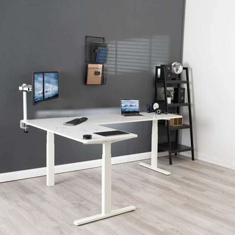 Super Smooth White Corner Standing Desk With Dry Erase Surface L Shaped Sit Stand Workstation 83 By 60 Inches in an office setting.