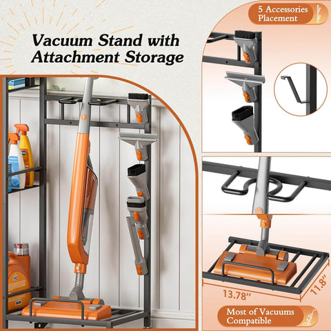 Three In One Broom Holder With Cleaning Supplies Organizer For Small Spaces Vacuum Stand And Mop Hang Broom