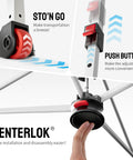 Close-up of Easy Setup 13x13 Pop Up Gazebo With Wheeled STO-N-Go Cover Bag, showing push button and Centerlok mechanisms.