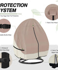 Heavy Duty Patio Hanging Egg Chair Cover For Double Seat Wicker Swing With Stand Protector 600D Waterproof Outdoor Shield Fadeproof UV Resistant Light Tan And Khaki, showing protection features with buckles and straps.