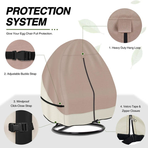 Heavy Duty Patio Hanging Egg Chair Cover For Double Seat Wicker Swing With Stand Protector 600D Waterproof Outdoor Shield Fadeproof UV Resistant Light Tan And Khaki, showing protection features with buckles and straps.