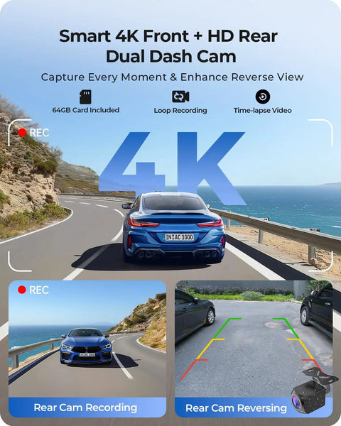 9.26 Inch Wireless CarPlay Screen With 4K Dash Cam And HD Backup Camera showing road recording and reverse view on screen