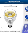 Ultra Bright 5500 Lumens Daylight LED Bulb 36W, Non Dimmable E26 Ceramic Tech, 5000K with size dimensions and certifications