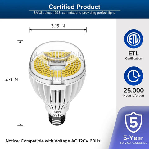Ultra Bright 5500 Lumens Daylight LED Bulb 36W, Non Dimmable E26 Ceramic Tech, 5000K with size dimensions and certifications