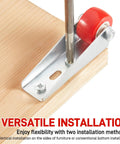 Pro Build 0.9 Inch Red Rubber Caster Wheels 2 Pack Swivel Furniture Casters With Rust Resistant Galvanized Brackets attached to wood.