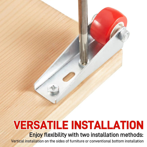 Pro Build 0.9 Inch Red Rubber Caster Wheels 2 Pack Swivel Furniture Casters With Rust Resistant Galvanized Brackets attached to wood.