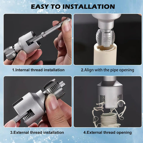 PVC Pipe Threader Tool For Internal And External Threading With Electric Drill Compatibility, Heavy Duty Metal Die For Quick Plumbing Repairs On 1/2 And 3/4 Inch PVC Pipes, Easy DIY Home Maintenance, PVC pipe threading steps