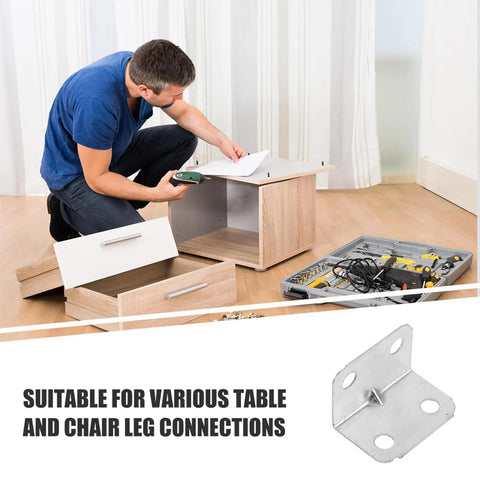 Man assembling furniture with tools using L Shape Angle Brackets For Wood Framing Heavy Duty 90 Degree Right Angle Corner Braces Cold Rolled Steel.