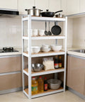 Badass Five Tier Laminated White Metal Shelving Unit For Tight Garages And Basements Holds Everything You Own No Mess Just Clean Storage That Stays Fully Adjustable For Your Warehouse And Pantry Needs, displaying kitchen items.
