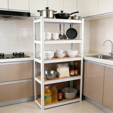 Badass Five Tier Laminated White Metal Shelving Unit For Tight Garages And Basements Holds Everything You Own No Mess Just Clean Storage That Stays Fully Adjustable For Your Warehouse And Pantry Needs, displaying kitchen items.