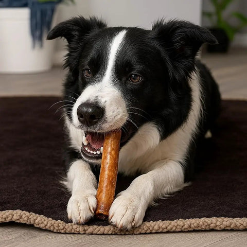 Dog chewing 100% Made In USA Beefhide 8-Inch Rolls Chew Treats For Dogs Beef And Chicken Flavor 10 Count Pack Tough Long Lasting Natural Rawhide Chews For Heavy Chewers Safe All Natural Treats on rug