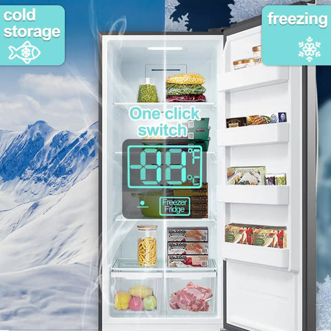 Built Different 18 Cu Ft Upright Freezer And Convertible Fridge With Tempered Glass Shelves displaying cold storage options.