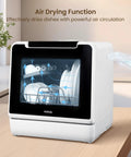 No Plumbing Headache Game Changer Countertop Dishwasher With Eight Knockout Clean Cycles, Slick Auto Dry Option, Timed Delay Feature, Child Proof Lock, And Compact Build Designed For Small Kitchens, Dorms, Rvs And Apartment Living showing air drying function and dishes inside.