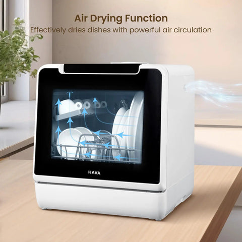 No Plumbing Headache Game Changer Countertop Dishwasher With Eight Knockout Clean Cycles, Slick Auto Dry Option, Timed Delay Feature, Child Proof Lock, And Compact Build Designed For Small Kitchens, Dorms, Rvs And Apartment Living showing air drying function and dishes inside.