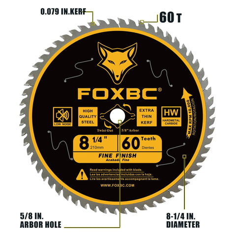 Eight And A Quarter Inch Table Saw Blade With Sixty Tooth Fine Finish For Hardwood Softwood And Plywood Ultra Thin Kerf And Durable Tungsten Carbide Five Eighths Inch Arbor Diamond Knockout For Long Life Pro Grade Woodworking Tool image showing 8-1/4 inch diameter, 60T, tungsten carbide construction with 5/8 inch arbor hole and ultra thin 0.079 inch kerf.