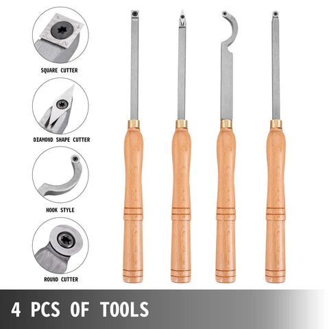 Wood turning tool set, front view: 4-piece VEVOR with handles and carbide cutters: square, diamond, hook, round